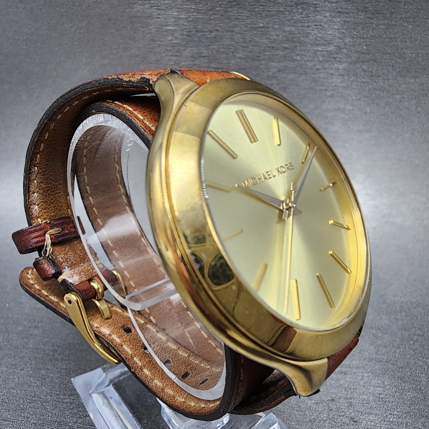 Michael Kors Slim Runway Watch Women 42mm Gold Dial Gold Tone Round New Battery3