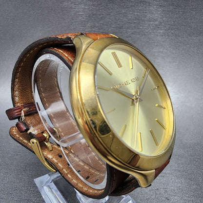 Michael Kors Slim Runway Watch Women 42mm Gold Dial Gold Tone Round New Battery3