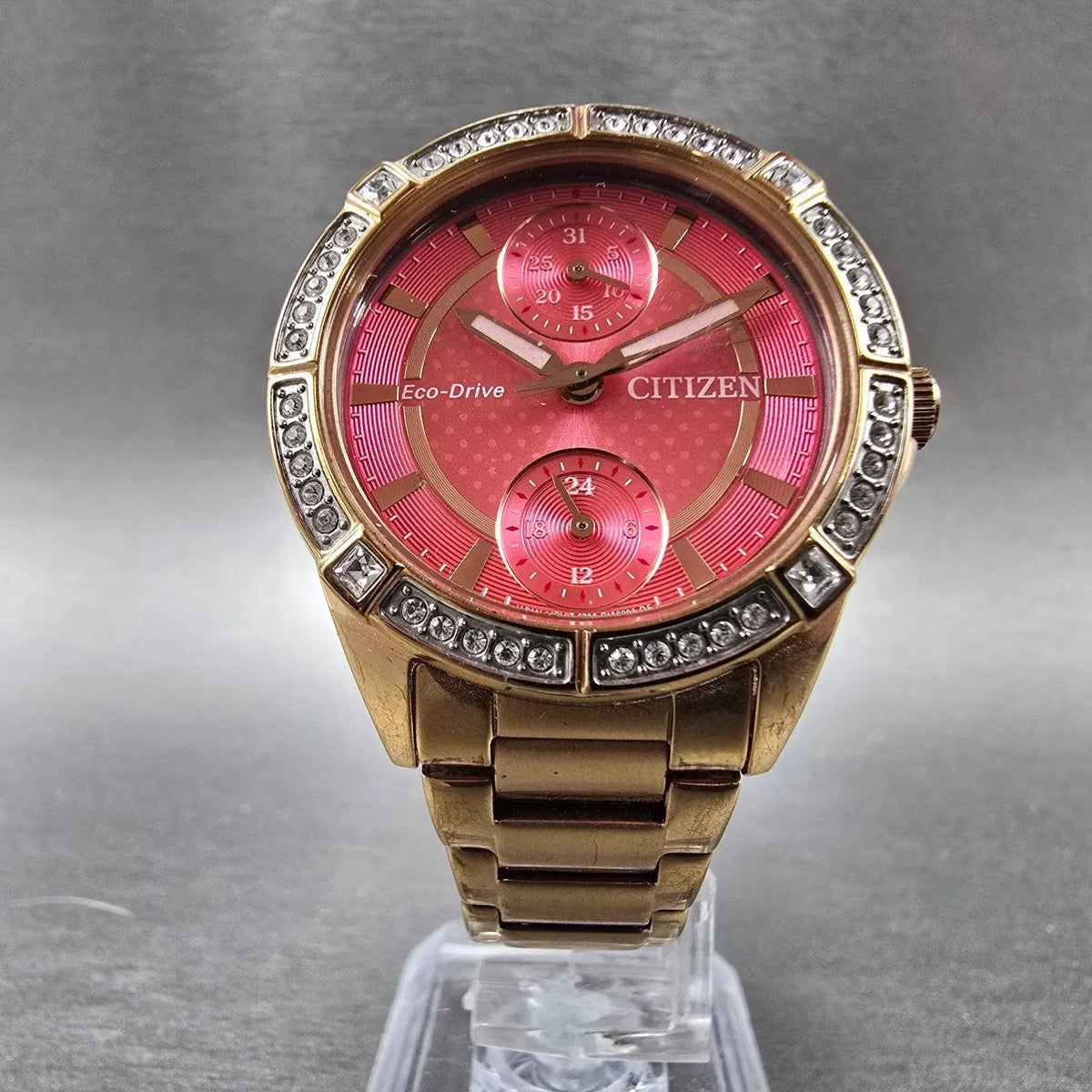 Citizen Eco-Drive Watch Women 33mm Red Dial Rose Gold Date Round Crystal Works5