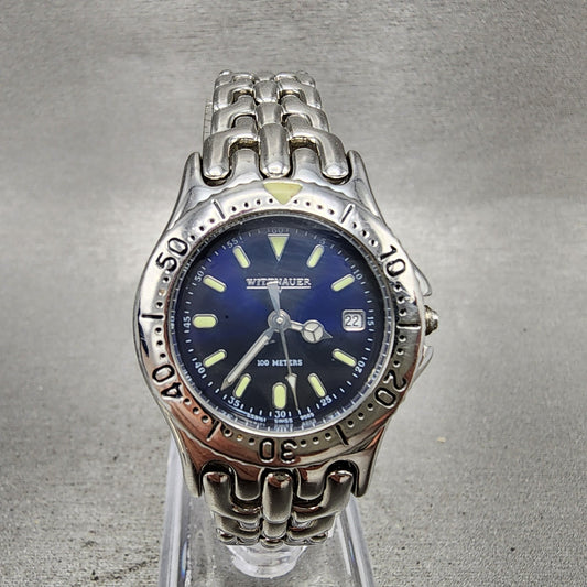 Wittnauer Dive Watch Women 27mm Blue Dial Silver Tone Date NO CROWN READ! NewBat0