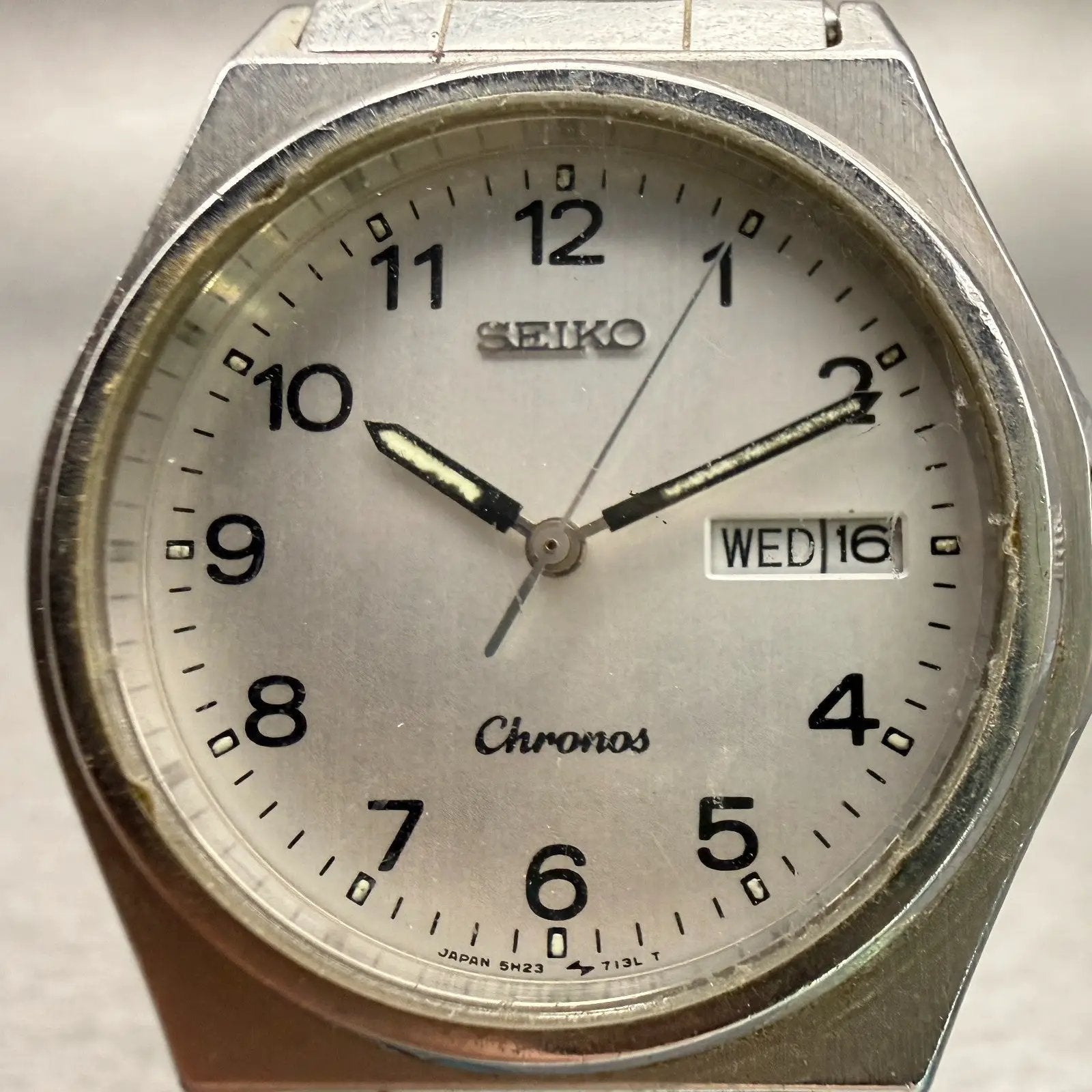 Seiko Chronos Watch Men 35mm Silver Dial Silver Daydate Round 5H23-7060 New Batt1