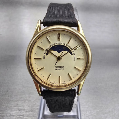 Seiko Moon Phase Watch Women 24mm Cream Dial Gold Tone Round 2A24-0028 New Batt0