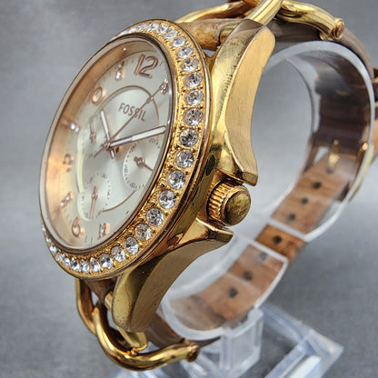 Fossil Riley Watch Women 38mm Silver Dial Rose Gold Tone Daydate Round New Batt2