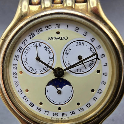 Movado Triple Calendar Moon Phase Watch Men 32mm White Dial Gold Tone NewBattery3