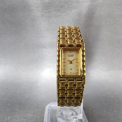 Citizen CQ Watch Women 15mm Champagne Dial Gold Tone Rectangle 2250S07092 Runs5