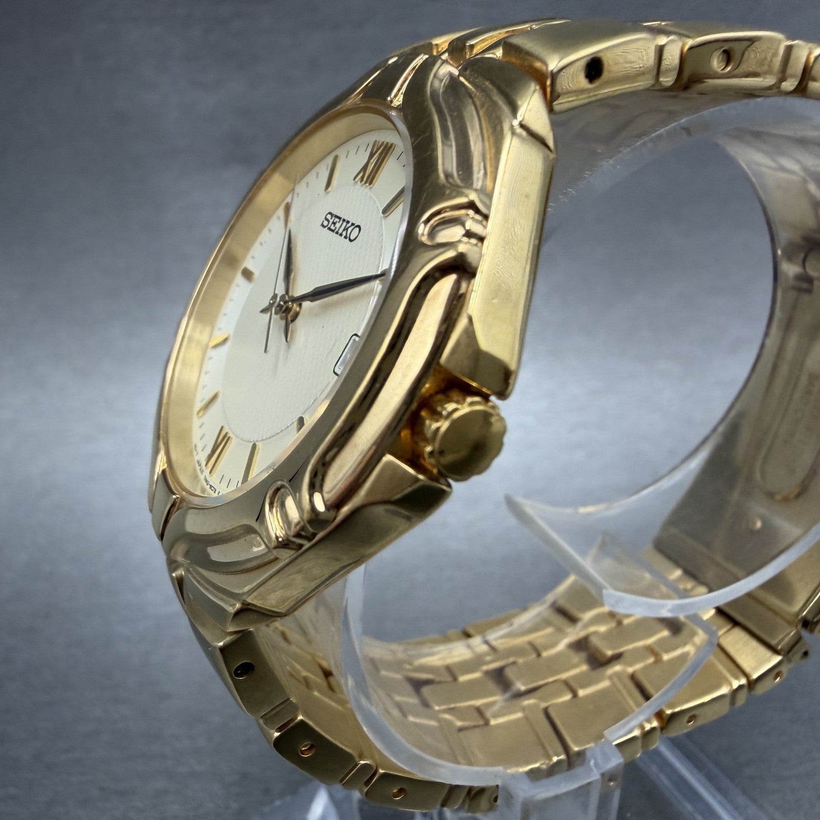 Seiko Watch Men 37mm White Dial Gold Tone Date Round 7N420BD0 New Battery2