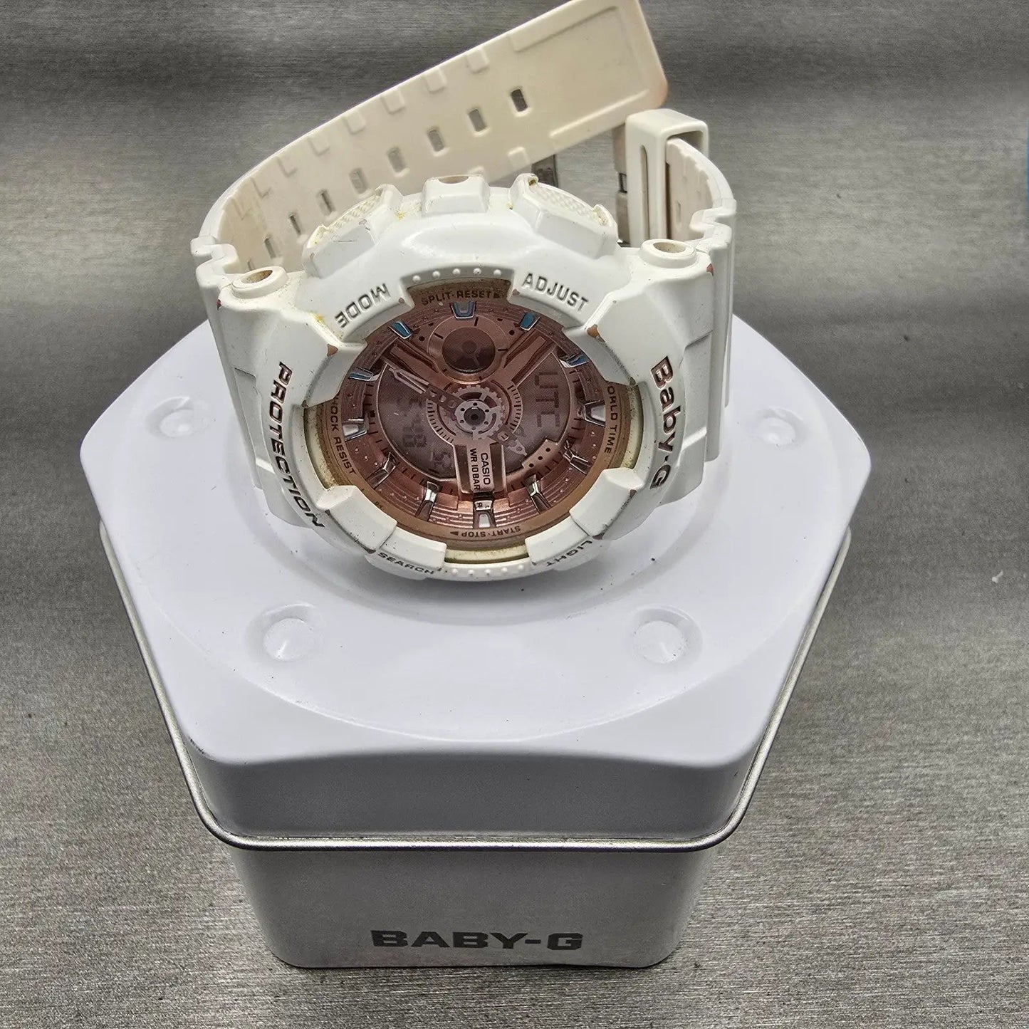 Casio Baby-G BA-100 Watch Women 42mm Rose Gold Dial White Chrono Alarm New Batt1