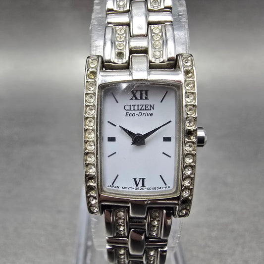 Citizen Eco-Drive Tank Watch Women 14mm White Dial Silver Crystal Bezel Runs0