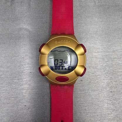 Swatch Beat Golden Virtual Wave Watch Men 47mm Gold Red YQG1000 New Battery NOS3