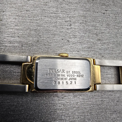 Seiko Pulsar Watch Women 12mm White Dial Gold Tone Rectangle V220-X012 New Batt10
