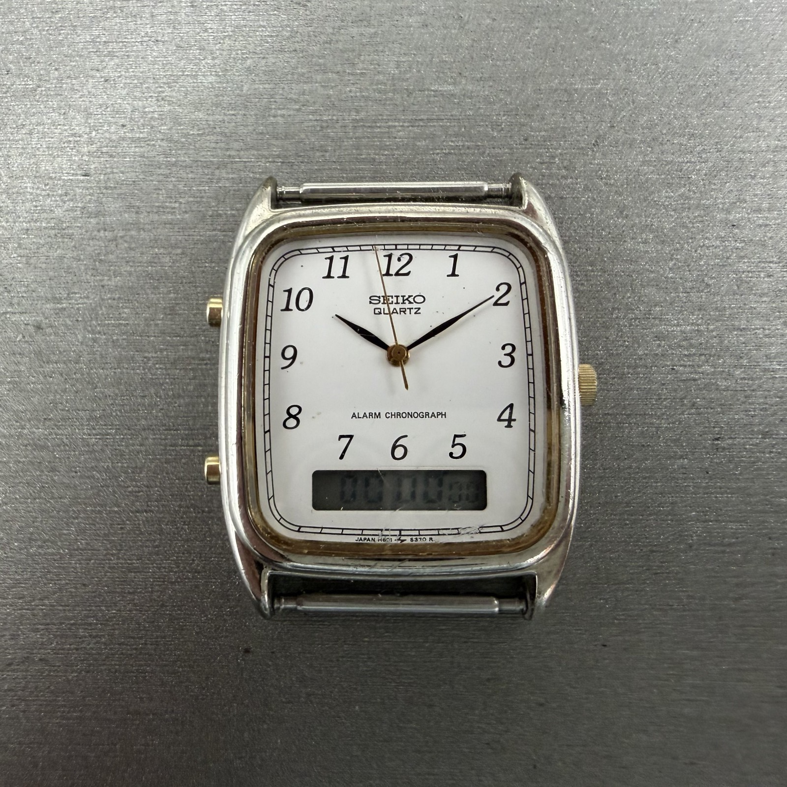 Seiko Analog Digital Watch Men 29mm White Dial Silver Tone Alarm Chrono PARTS0