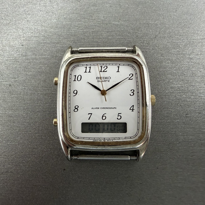Seiko Analog Digital Watch Men 29mm White Dial Silver Tone Alarm Chrono PARTS0