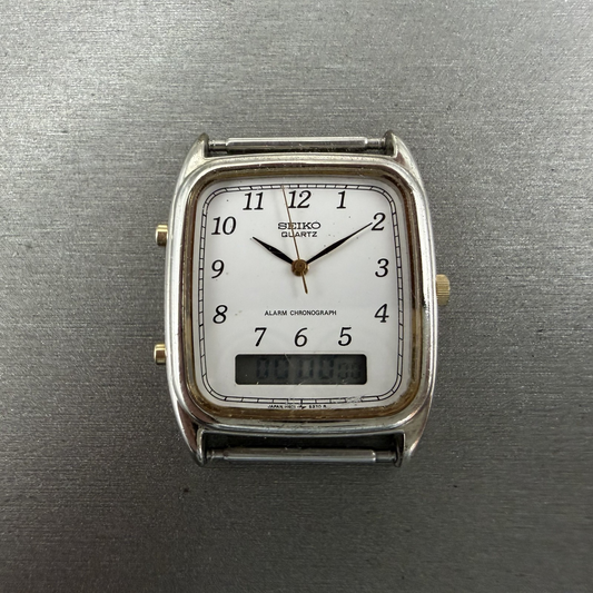 Seiko Analog Digital Watch Men 29mm White Dial Silver Tone Alarm Chrono PARTS0