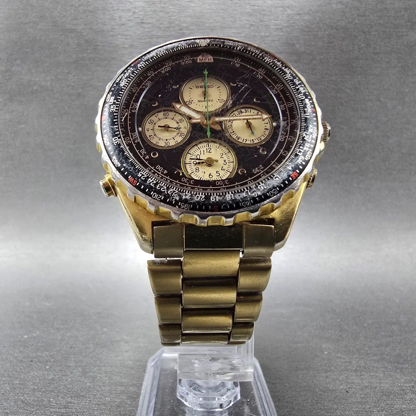 Seiko Flightmaster Chronograph Watch Men 40mm Black Dial Gold Tone READ!! NewBat5