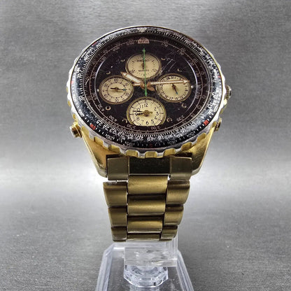 Seiko Flightmaster Chronograph Watch Men 40mm Black Dial Gold Tone READ!! NewBat5