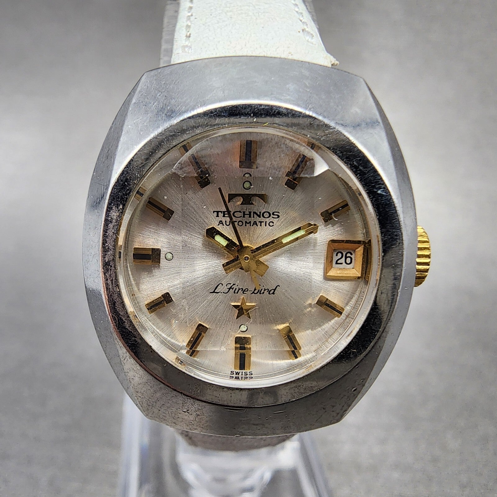Technos Fire Brid Automatic Watch Women 25mm Whtie Dial Steel Date Runs VTG0