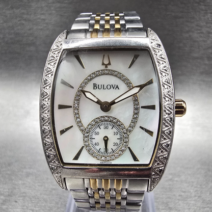 Bulova Watch Women 30mm MOP Dial Two Tone Diamonds Tonneau 98R004 New Battery0