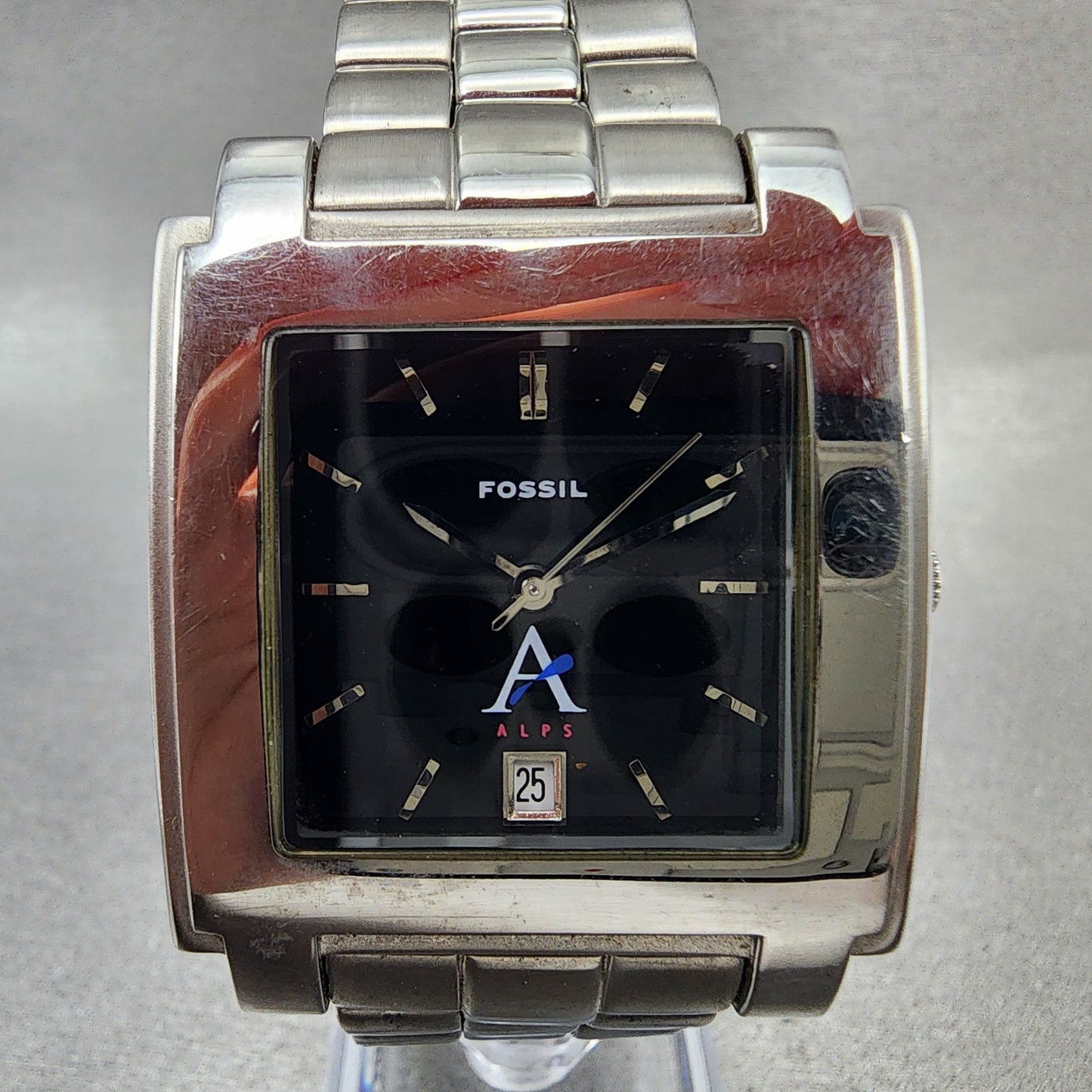 Fossil Tank Watch Men 29mm Black Dial Silver Tone Date Rectangle New Battery1