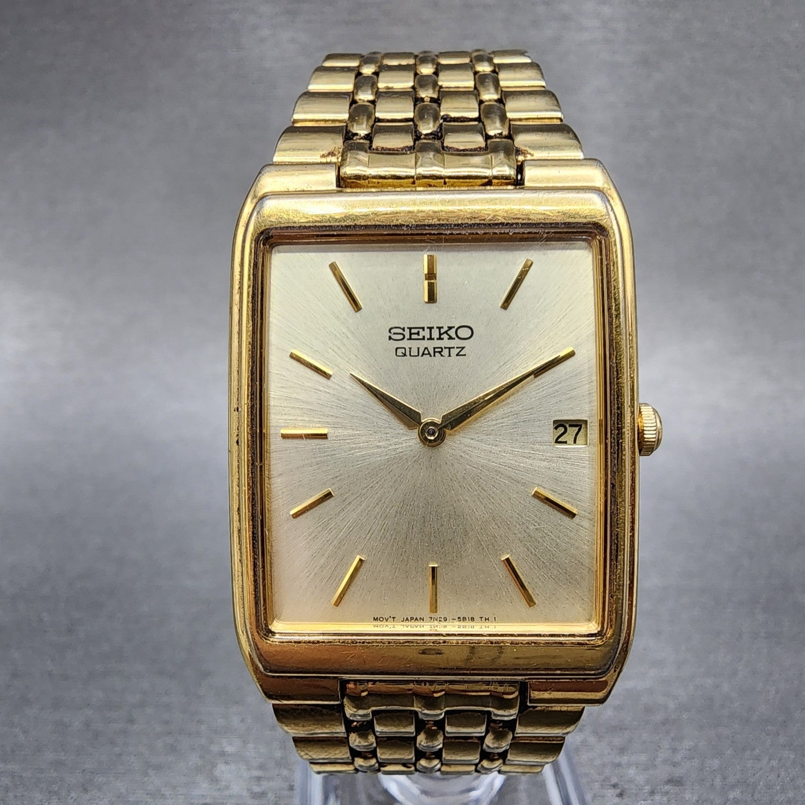 Seiko Tank Watch Men 27mm Champagne Dial Gold Tone Date 7n295b29 New Battery0