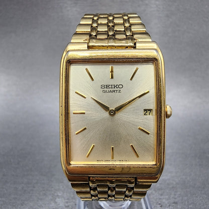 Seiko Tank Watch Men 27mm Champagne Dial Gold Tone Date 7n295b29 New Battery0