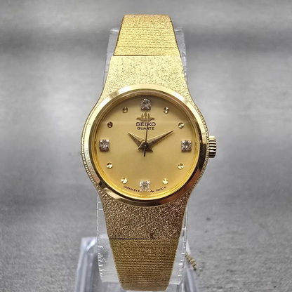 Seiko Watch Women 20mm Gold Dial Gold Tone Gemmed Round 8Y21-0020 New Battery0