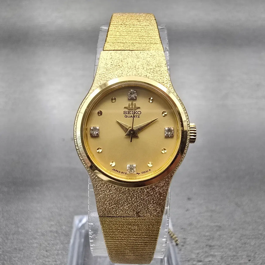 Seiko Watch Women 20mm Gold Dial Gold Tone Gemmed Round 8Y21-0020 New Battery0