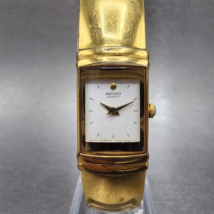 Seiko Tank Watch Women 15mm White Dial Gold Tone Rectangle 1F205K19 PARTS0