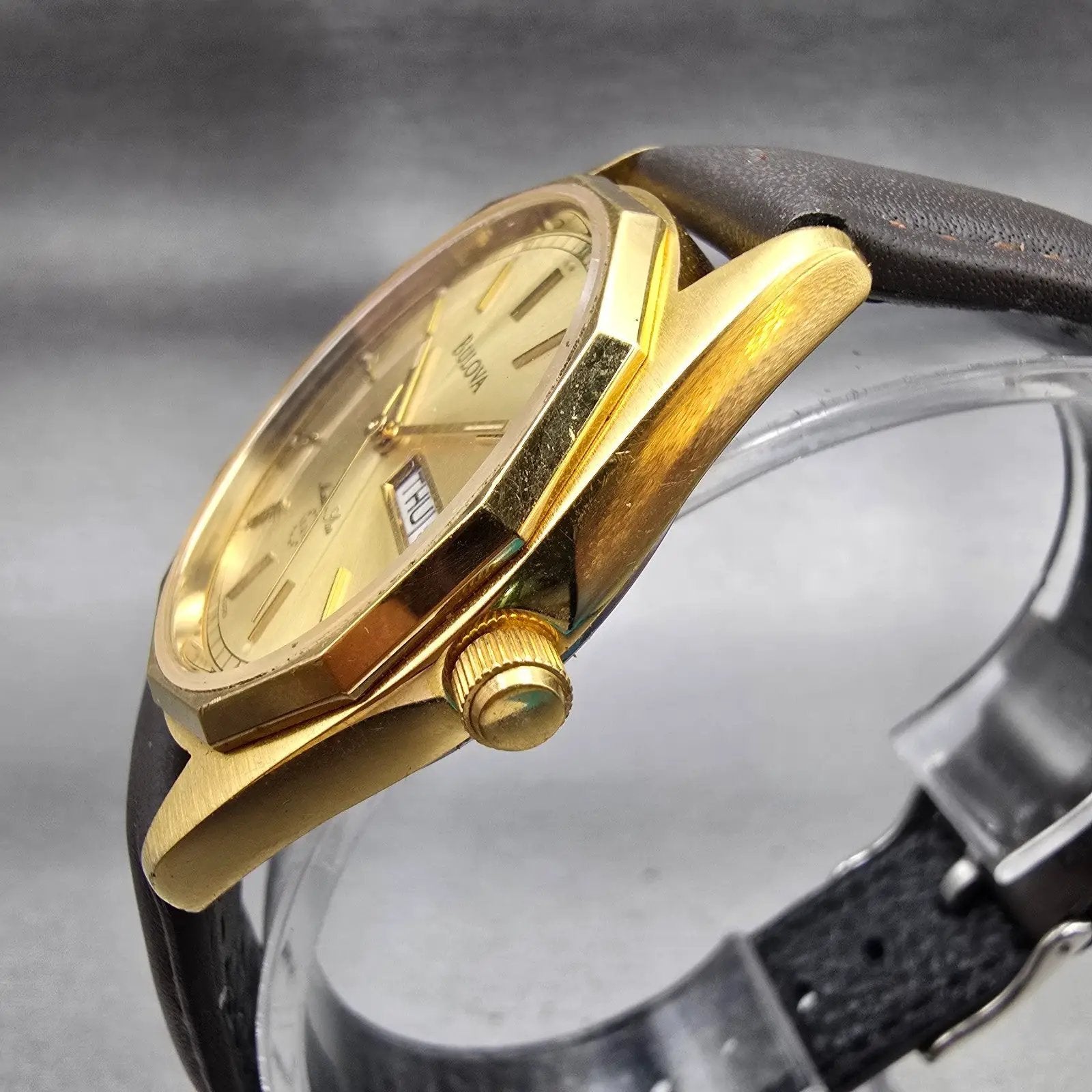 Bulova Marine Star Watch Men 34mm Gold Dial Gold Tone Daydate 92D25 New Battery2