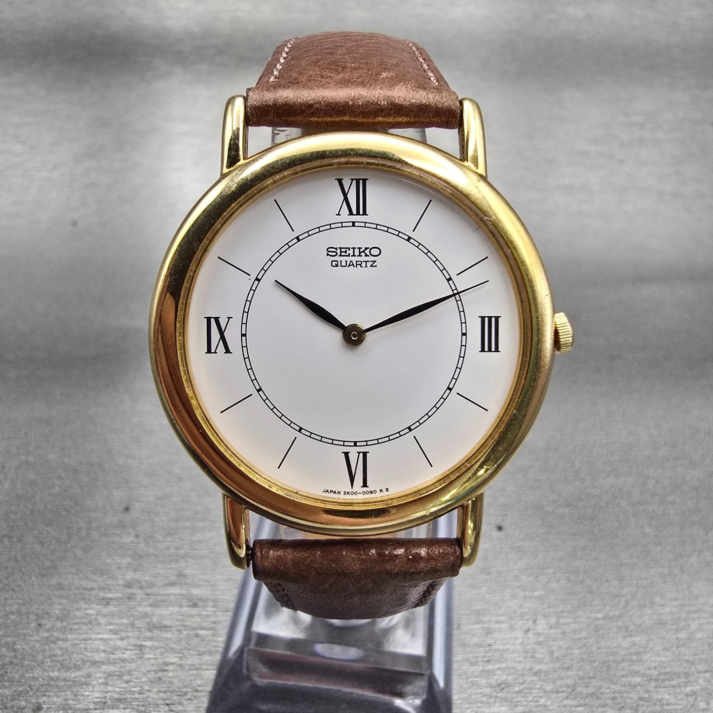 Seiko Watch Men 34mm White Dial Gold Tone Round 2K00-0030 New Battery Vintage0