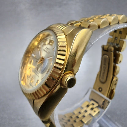 Technos Datejust Watch Women 27mm Champange Dial Gold Tone Date Round New Batt2