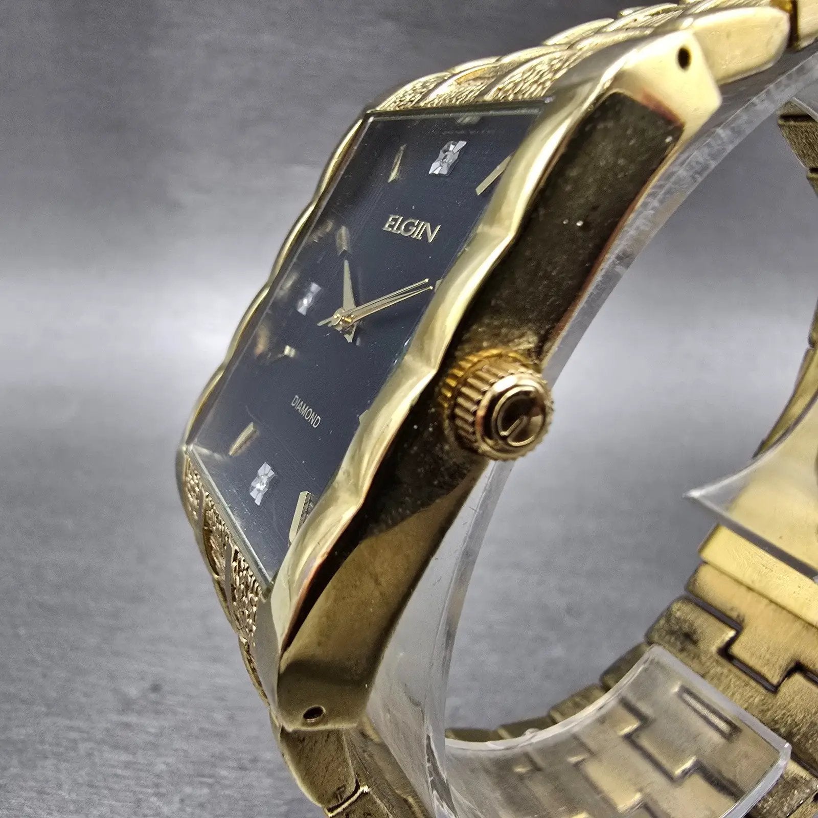 Elgin Tank Watch Men 31mm Black Dial Gold Tone Rectangle FG9031 New Battery2