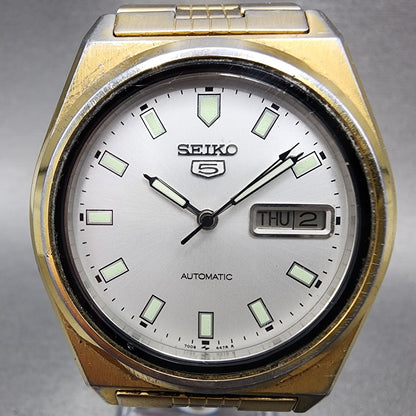 Seiko 5 Automatic Watch Men 38mm White Dial Gold Tone Daydate Round Runs