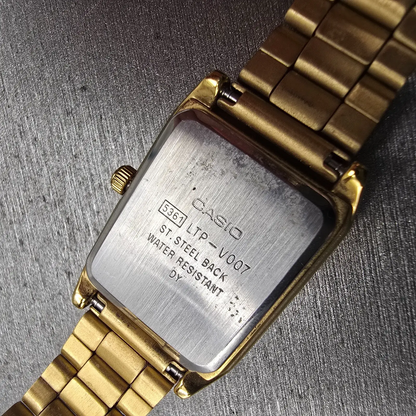 Casio Tank Watch Women 22mm Silver Dial Gold Tone Rectangle LTP-V007 New Battery10