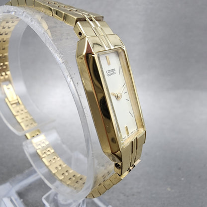 Citizen CQ Tank Watch Women 13mm Champagne Dial Gold Tone Rectangle New BatteryA3