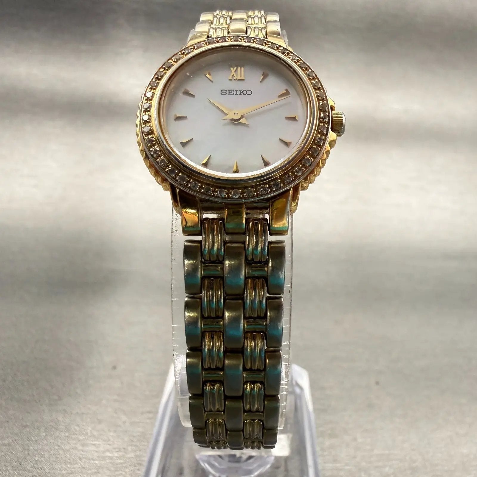 Seiko Watch Women 23mm MOP Dial Gold Tone Diamonds Round 1N00-0KH0 New Battery4