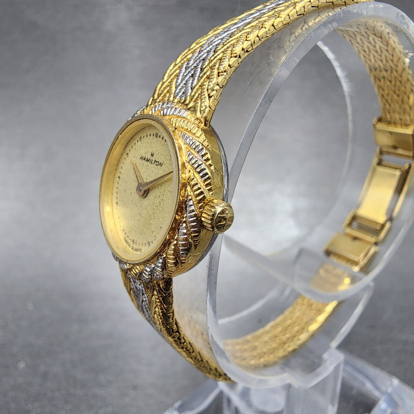 Hamilton Watch Women 19mm Gold Dial Two Tone Round Mesh Band  New Battery2