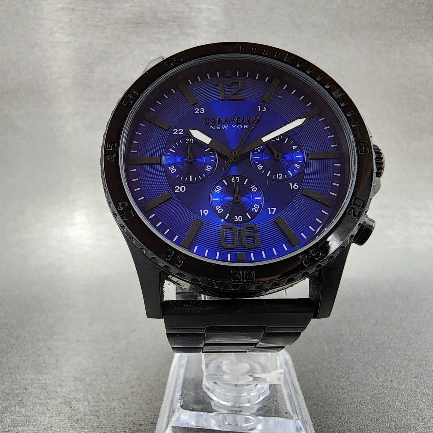 Bulova Caravelle Chronograph Watch Men 44mm Blue Dial Black Tone Round New batt5