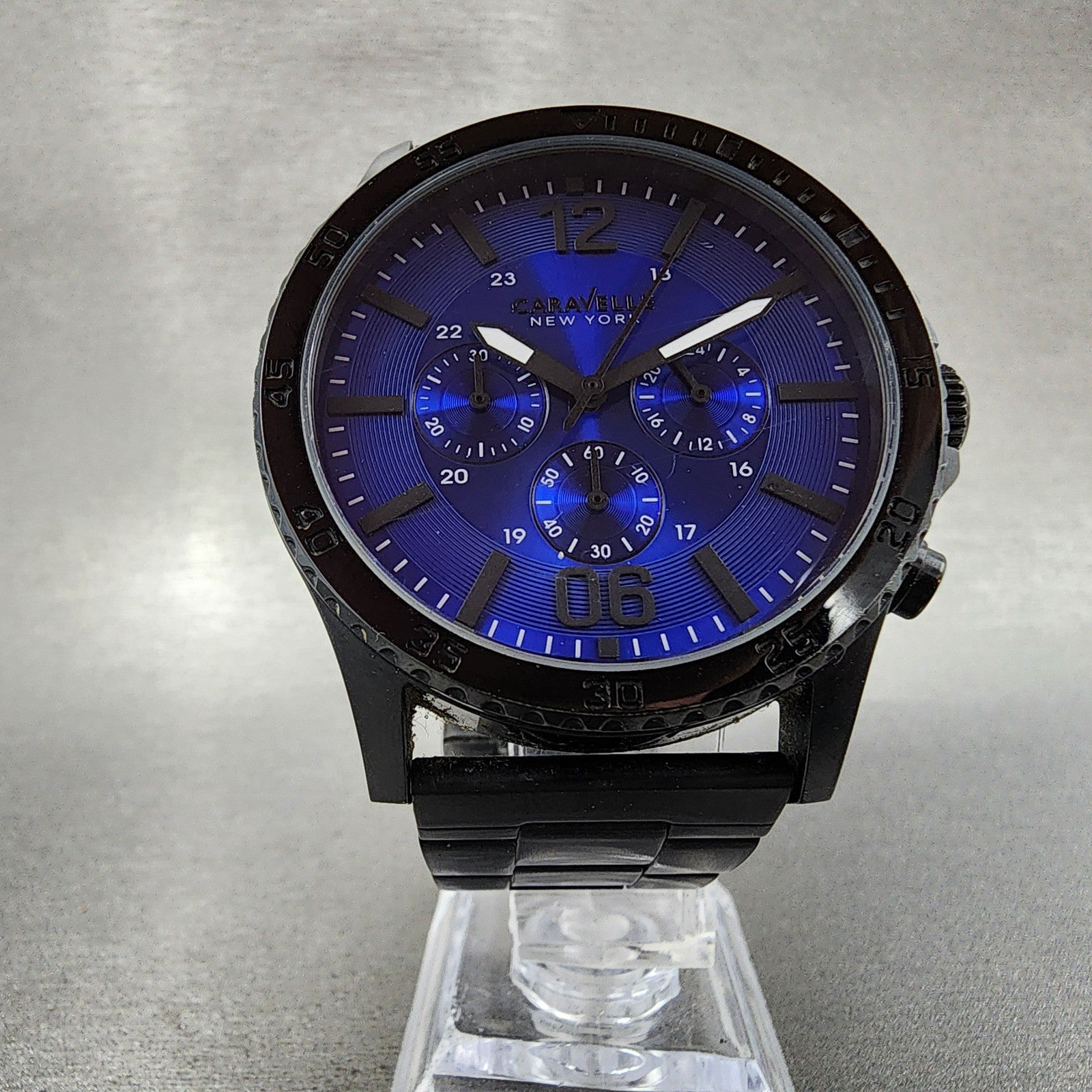 Bulova Caravelle Chronograph Watch Men 44mm Blue Dial Black Tone Round New batt5