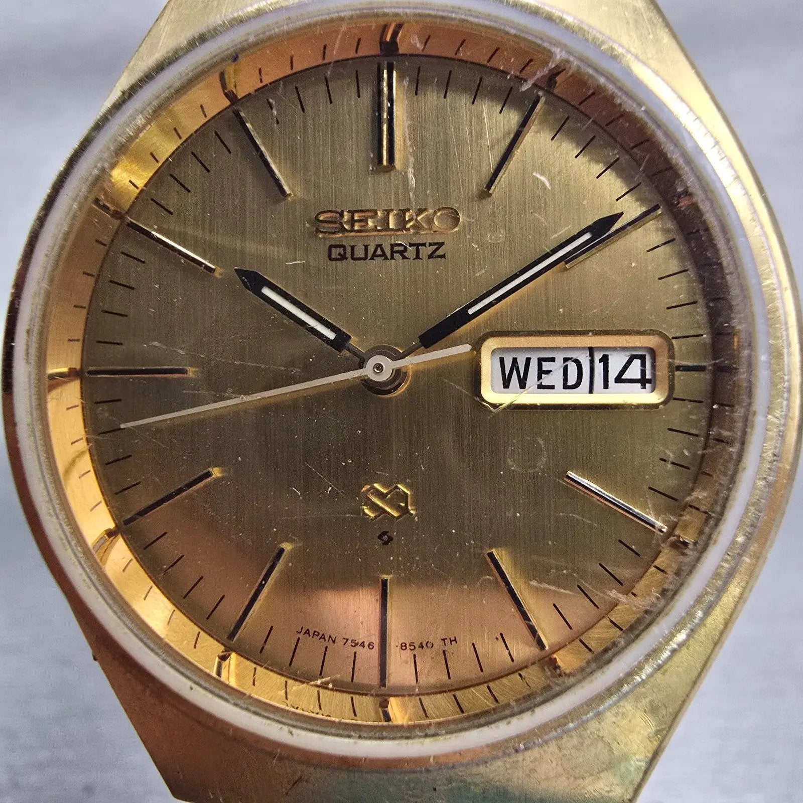 Seiko SQ Watch Men 36mm Gold Dial Gold Tone Daydate Round 7546-8450 New Battery1