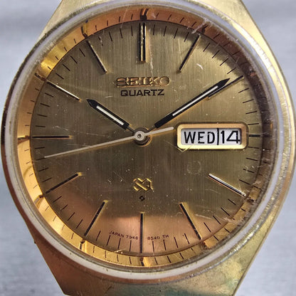 Seiko SQ Watch Men 36mm Gold Dial Gold Tone Daydate Round 7546-8450 New Battery1