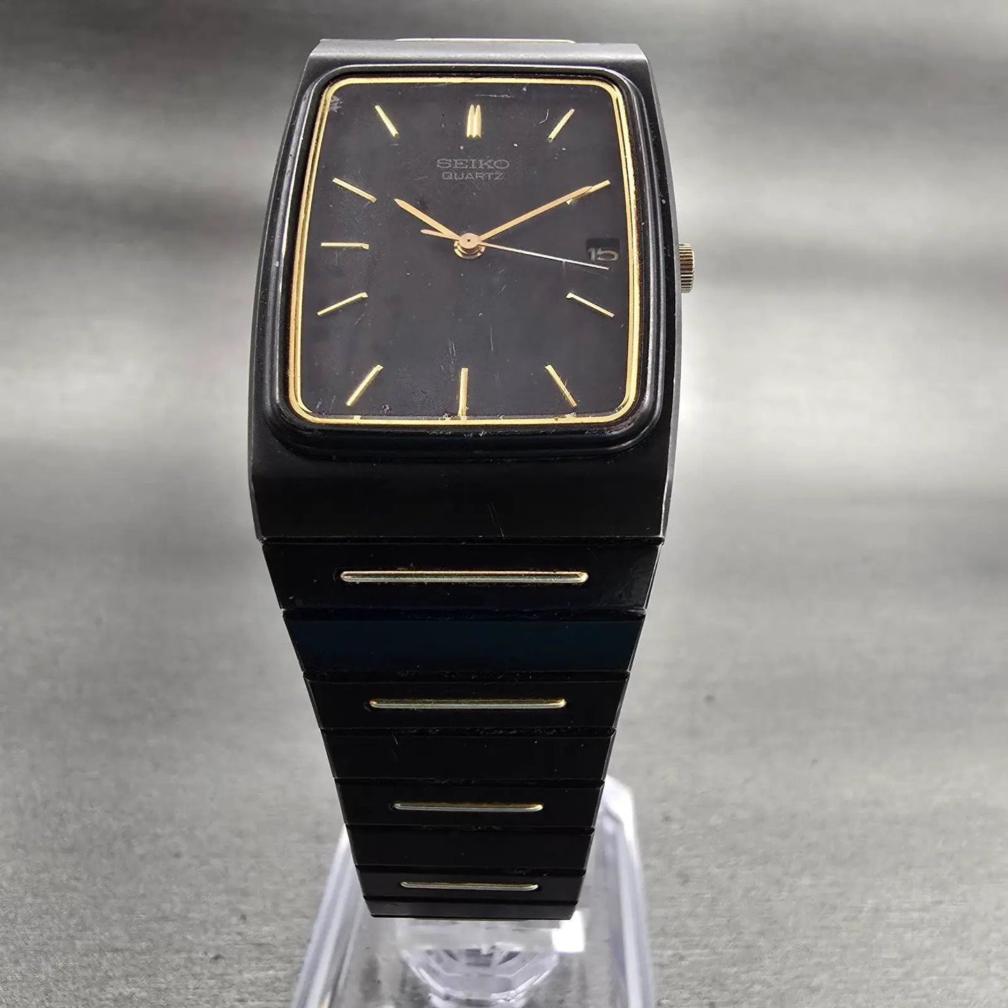 Seiko Watch Men 25mm Black Dial Black Tone Date Rectangle 2A32-5059 New Battery5
