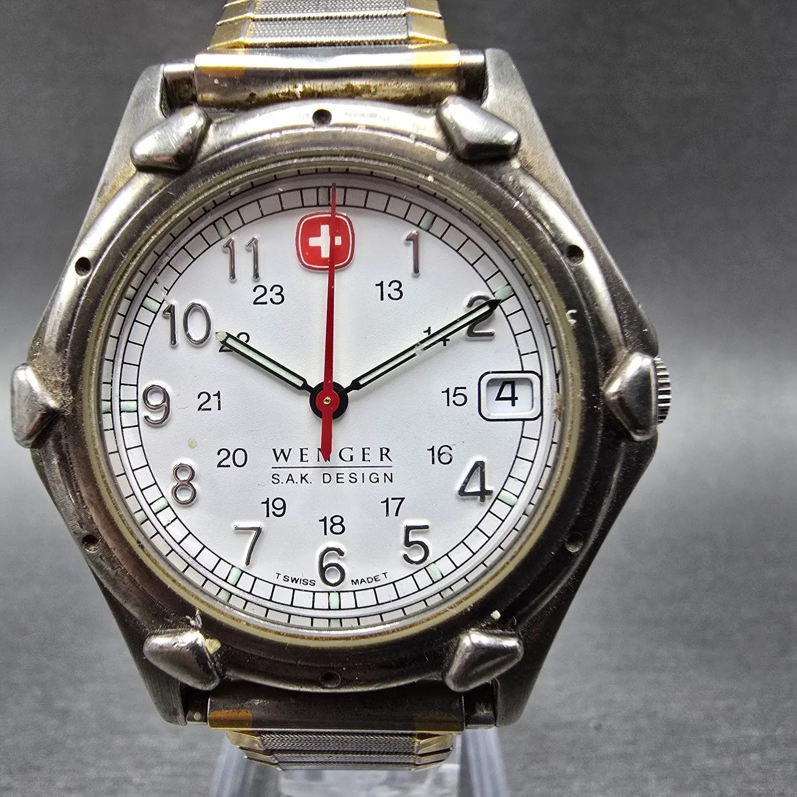 Wenger SAK Watch Men 36mm White Dial Silver Tone Date Round Vintage PARTS VTG LP0