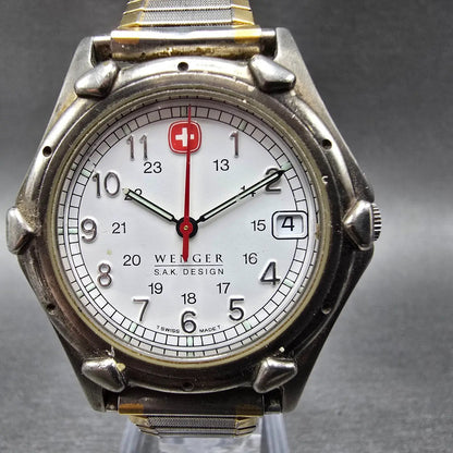 Wenger SAK Watch Men 36mm White Dial Silver Tone Date Round Vintage PARTS VTG LP0