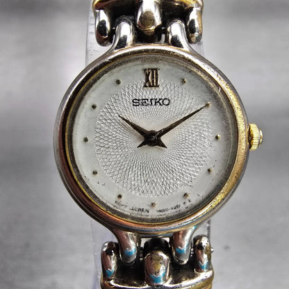 Seiko Watch Women 20mm White Dial Two Tone Round V400-1229 New Battery Vintage1