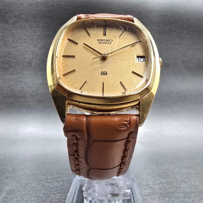 Seiko SQ Watch Men 32mm Gold Dial Gold Tone Date Rectangle 7122-5039 New Battery5