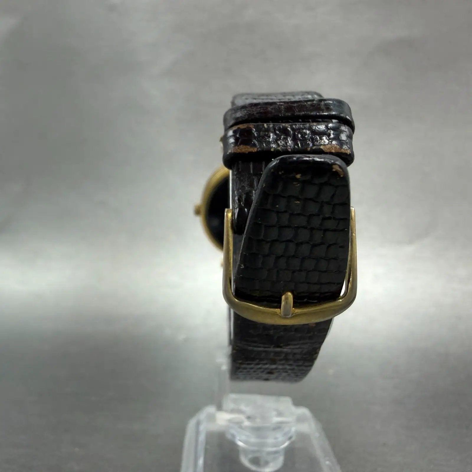 Gucci 2000M Watch Men 30mm Black Dial Gold Plated Leather Round New Battery VTG27