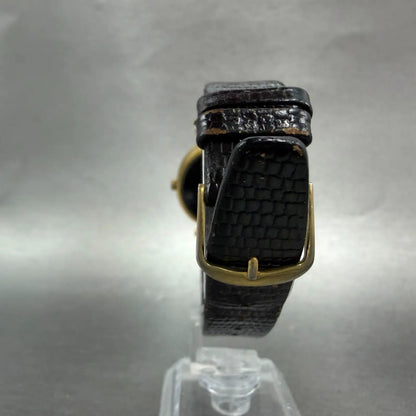 Gucci 2000M Watch Men 30mm Black Dial Gold Plated Leather Round New Battery VTG27