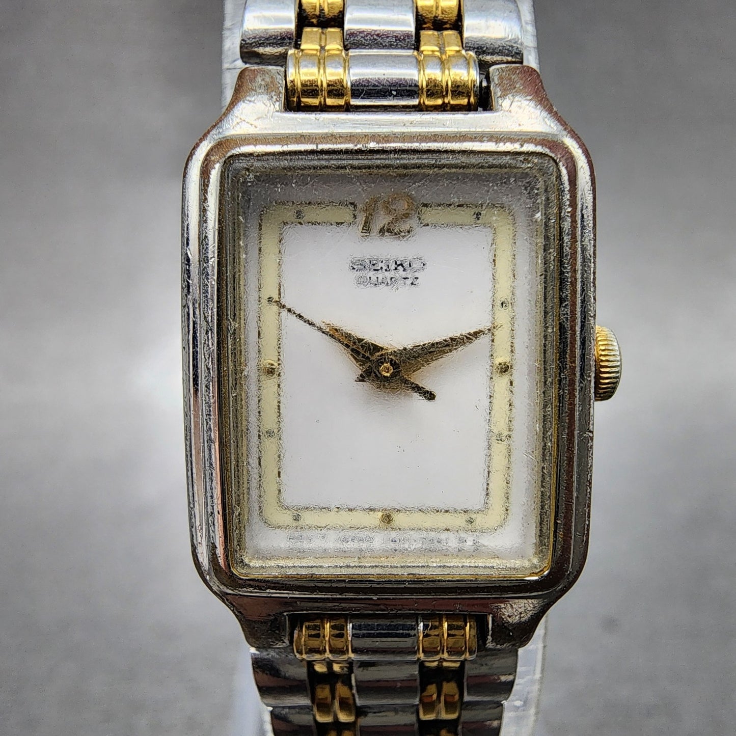 Seiko Tank Watch Women 18mm White Dial Two Tone Rectangle V4015129 New Battery1