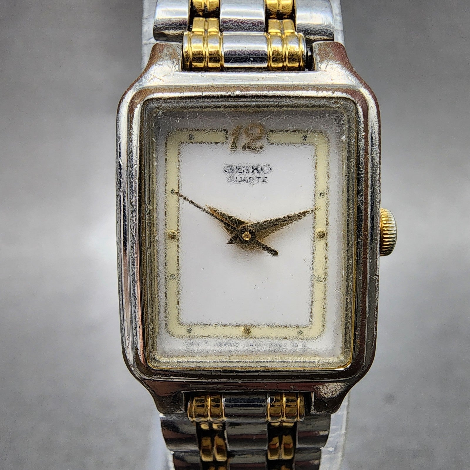 Seiko Tank Watch Women 18mm White Dial Two Tone Rectangle V4015129 New Battery1