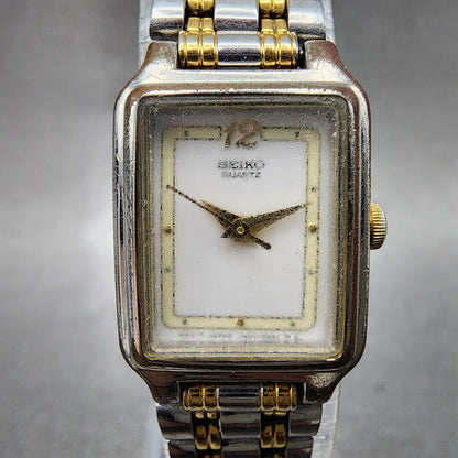 Seiko Tank Watch Women 18mm White Dial Two Tone Rectangle V4015129 New Battery1